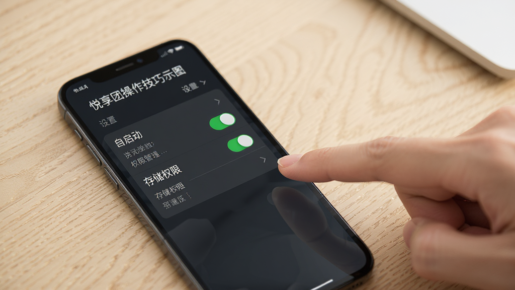 悦享团操作技巧示意图,画面展示手机屏幕上的设置菜单和权限管理界面,包含自启动开关和存储权限选项,手机旁边有一只手指正在点击屏幕,背景是浅色桌面,风格简洁,细节清晰,画质高清,干净,无多余元素