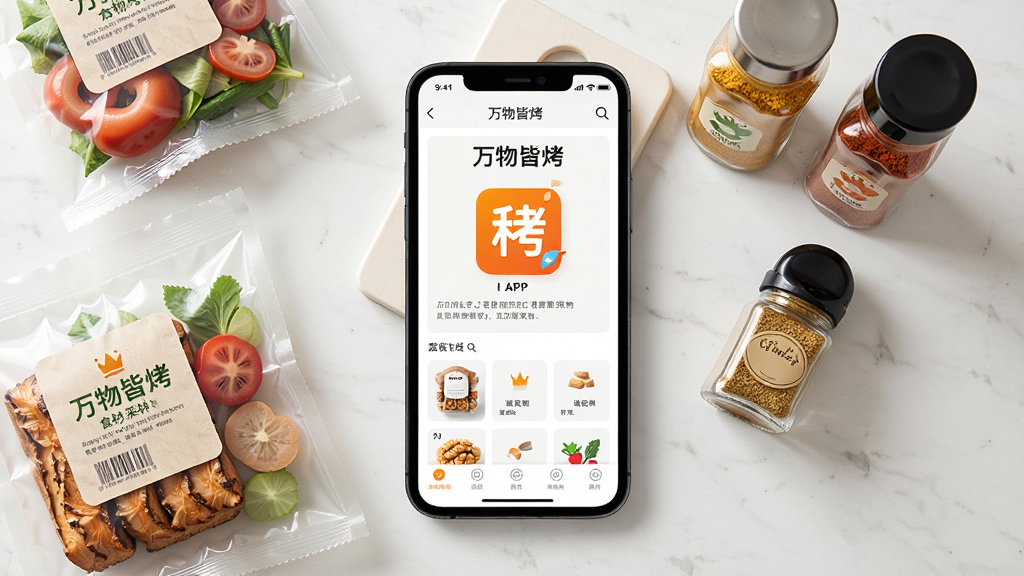 万物皆烤App的食材采购界面展示在手机屏幕上,旁边摆放着包装好的新鲜食材与调料瓶,背景为干净的厨房台面,布局为俯拍视角,排版简洁明了,风格清新明亮,细节包括食材色泽与包装质感,画质高清干净无多余元素