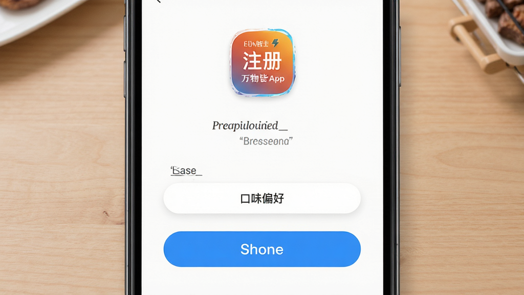 万物皆烤App的新手引导界面截图,手机屏幕显示注册与口味偏好设置页面,背景为简洁的木质桌面,布局为产品演示风格,排版突出界面元素,风格清爽现代,细节包括按钮与图标设计,画质高清干净无多余元素