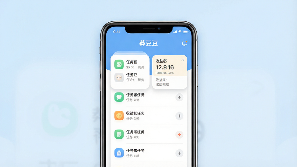 一张干净简洁的手机应用界面展示图,画面中央放置一部智能手机,屏幕显示“莽豆豆”应用主页面,包含任务列表与收益概览卡片,背景为浅蓝色渐变,布局采用居中构图,排版清晰有序,风格为现代扁平化UI设计,细节包括圆角图标、柔和阴影和清晰的文字层级,画质高清,整体干净无多余元素