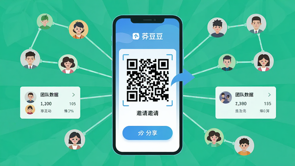 一幅表现“莽豆豆”推广拉新功能的示意图,主体为手机屏幕显示邀请二维码与分享按钮,周围环绕着代表用户网络的连接线条和小头像图标,布局采用中心放射状构图,风格为科技感扁平插画,细节包括二维码纹理、分享箭头、团队数据卡片,画质干净清晰,无杂乱元素