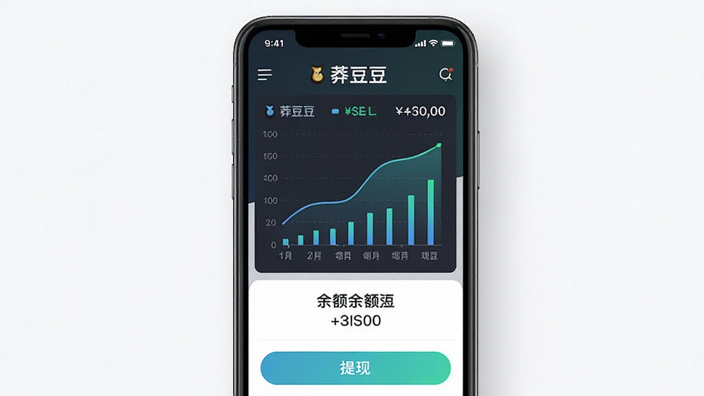 一张展示“莽豆豆”收益结算页面的手机截图风格图,主体为手机屏幕上的收益曲线图与余额数字,布局为居中展示,风格为数据可视化界面,细节包括柱状图、金额数字、提现按钮等元素,画质高清,背景干净简洁