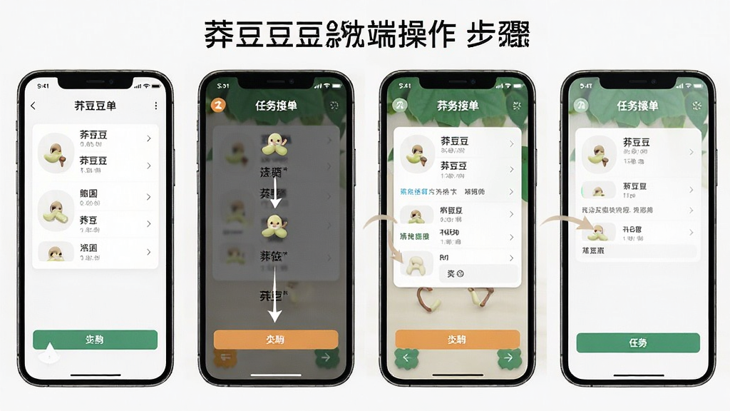 一张展示“莽豆豆”移动端操作步骤的示意图,主体为手机屏幕显示任务接单流程的四个步骤截图拼接,布局为横向排列,风格为简洁教程风,细节包括步骤数字标签、操作箭头、界面元素,画质高清,背景干净无杂乱