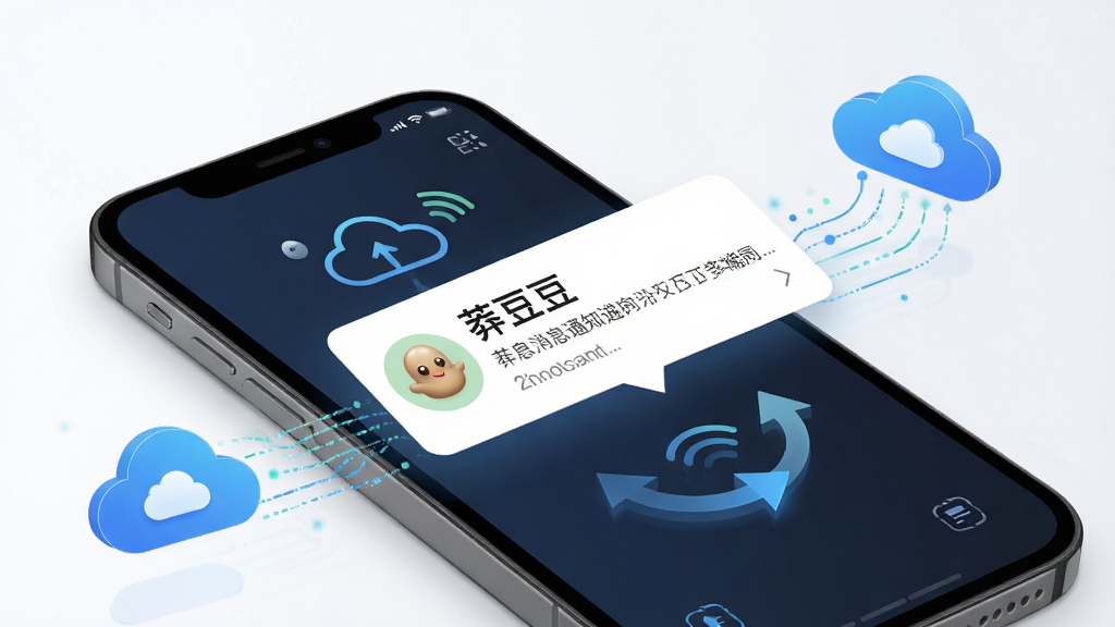 一张展示“莽豆豆”消息通知与多端同步概念的图片,主体为手机屏幕弹出消息提醒气泡,背景为云同步图标与数据流动线条,布局为上下结构,风格为简洁商务风,细节包括通知卡片、云端图标、同步箭头,画质高清,画面干净