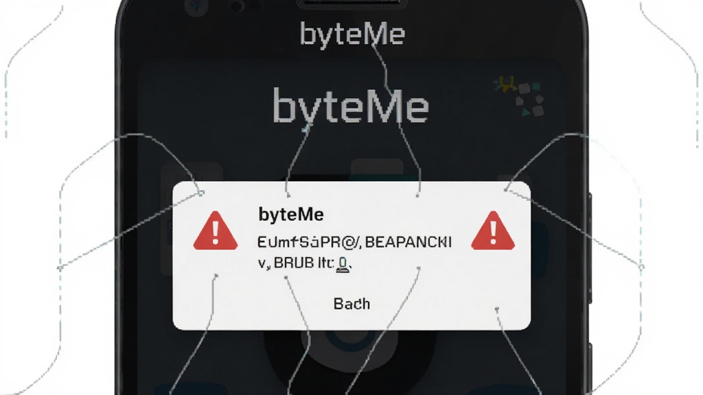 一部安卓手机屏幕显示 byteMe 应用出现错误提示弹窗,弹窗旁有红色的警告图标,手机背景为深色,画面风格为干净的故障排查示意图,画质清晰,无多余元素,手机上方有“byteMe”字样