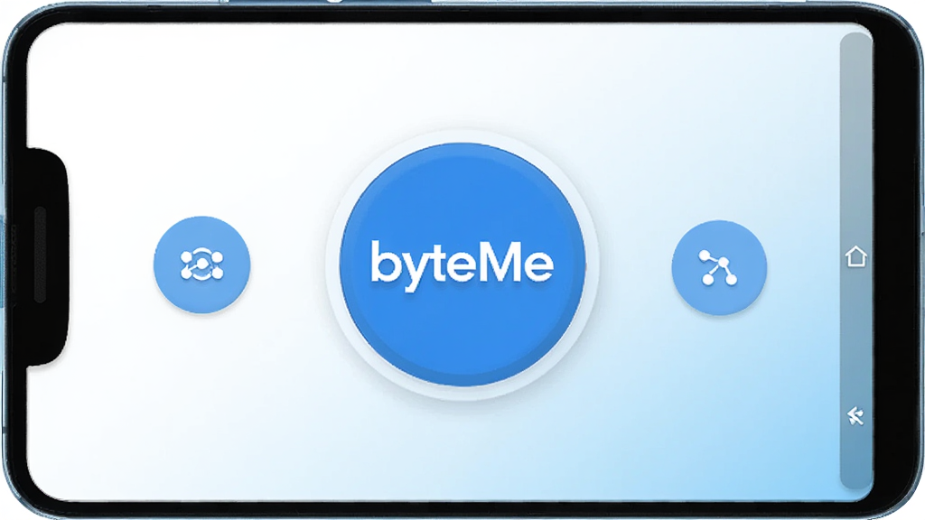 一部安卓手机正面展示 byteMe 应用界面,界面中央有醒目的圆形主操作按钮,按钮上写着“byteMe”,周围分布着三个小型功能图标,背景为干净的白色到浅蓝渐变,整体风格简约清爽,画面高清,无杂乱元素
