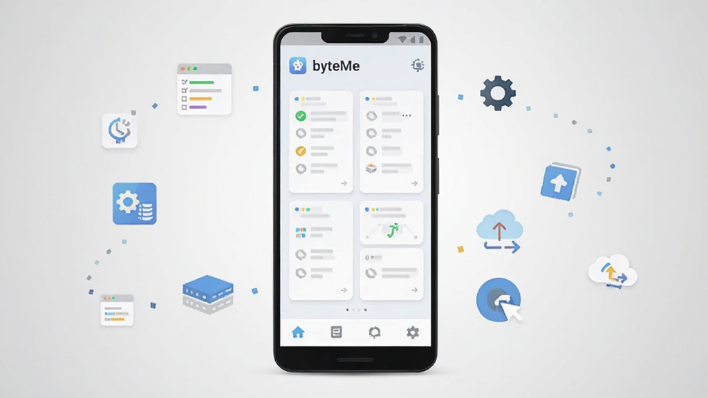 画面中央放置一部安卓手机,手机屏幕显示 byteMe 应用主界面,界面采用浅色卡片布局,顶部有软件名称“byteMe”字样,底部导航栏有四个简洁图标,手机周围环绕着数据记录、整理、同步等抽象小图标,整体采用扁平化科技风格,背景为干净的浅灰渐变,细节清晰,画质高清,无多余元素