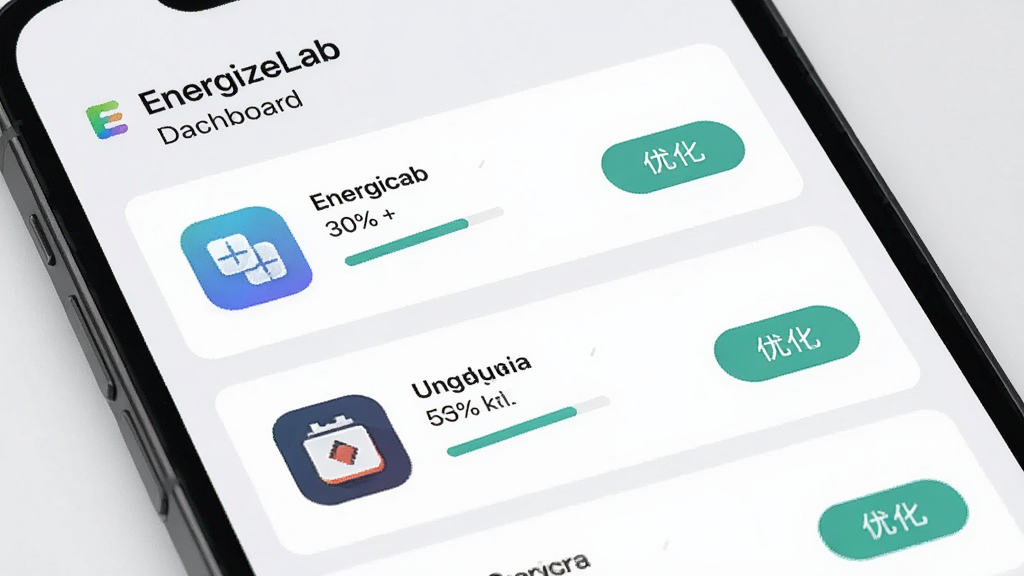 EnergizeLab后台耗电管控界面,手机屏幕列出多个应用图标及对应耗电百分比,部分应用旁显示优化按钮,浅色背景,卡片式布局,干净整洁,高清画质