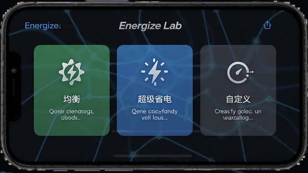 EnergizeLab省电模式选择界面,手机屏幕展示三种模式卡片,分别标注均衡、超级省电、自定义,每张卡片配有对应图标和简短说明,深色背景,高清画质