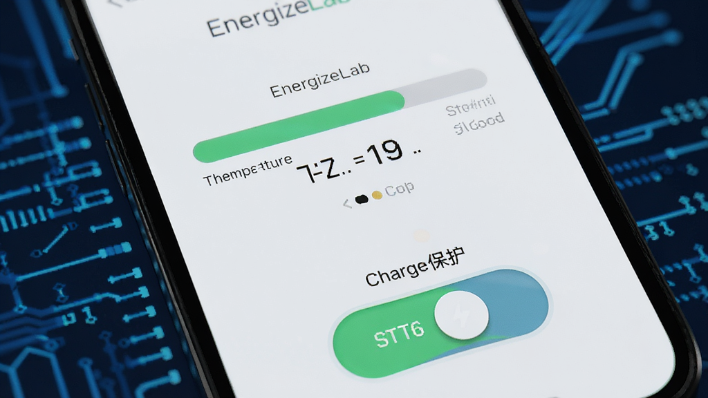 EnergizeLab充电保护界面,手机屏幕显示充电进度条和温度数值,下方有充电保护开关按钮,蓝色科技感背景,画面简洁,高清画质