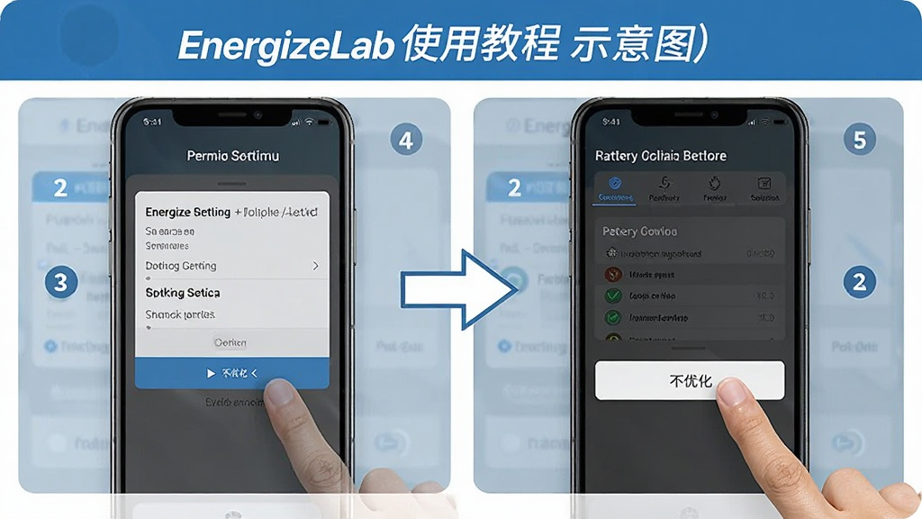 EnergizeLab使用教程示意图,手机屏幕展示权限设置页面和电池优化选项,手指点击