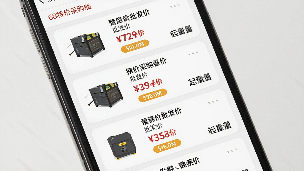一张展示68特价采购批发商品列表页面的图片,画面主体为手机屏幕特写,屏幕内排列着多行商品卡片,每张卡片包含商品图、名称、批发价和起批量文字,布局为纵向列表,风格为现代扁平化设计,细节清晰展示价格标签和分类标签,画质清晰,干净,无多余元素