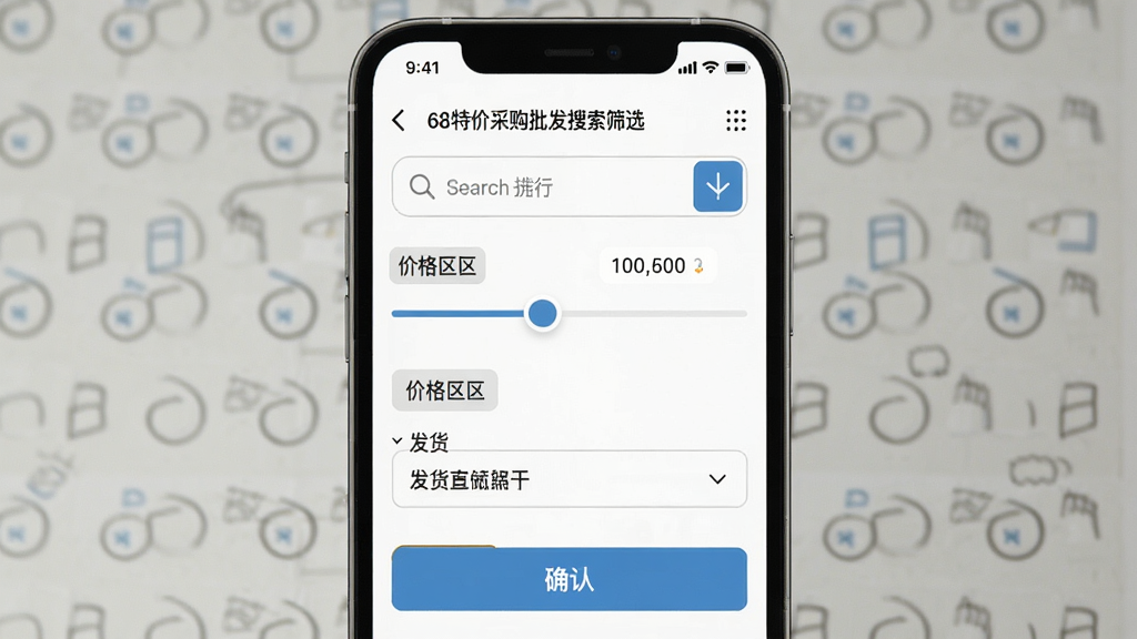 一张展示68特价采购批发搜索筛选界面的图片,画面为手机屏幕正视图,屏幕内显示搜索框和多个筛选条件按钮,包括价格区间滑块和发货地下拉菜单,布局为上下结构,风格为简约工具风,细节突出筛选标签和确认按钮,画质清晰,干净,无多余元素