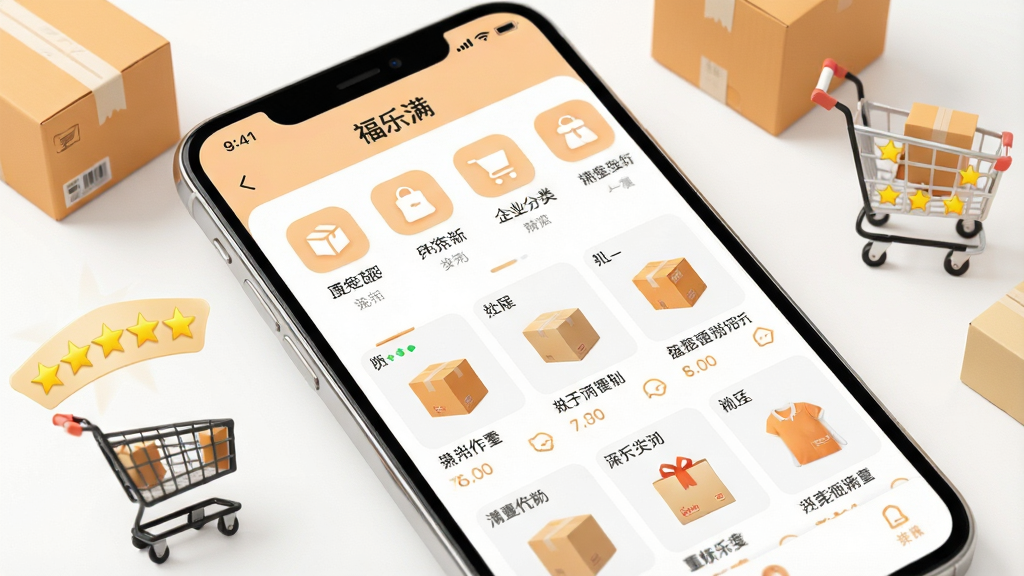 一幅展示福乐满应用内商品分类页面的场景图,画面主体是手机屏幕特写,屏幕上是整齐排列的商品分类图标和精选商品列表,周围点缀着快递盒、购物车和五星好评标识,配色以白色和浅橙色为主,风格清新明快,细节丰富,画质清晰,无多余元素