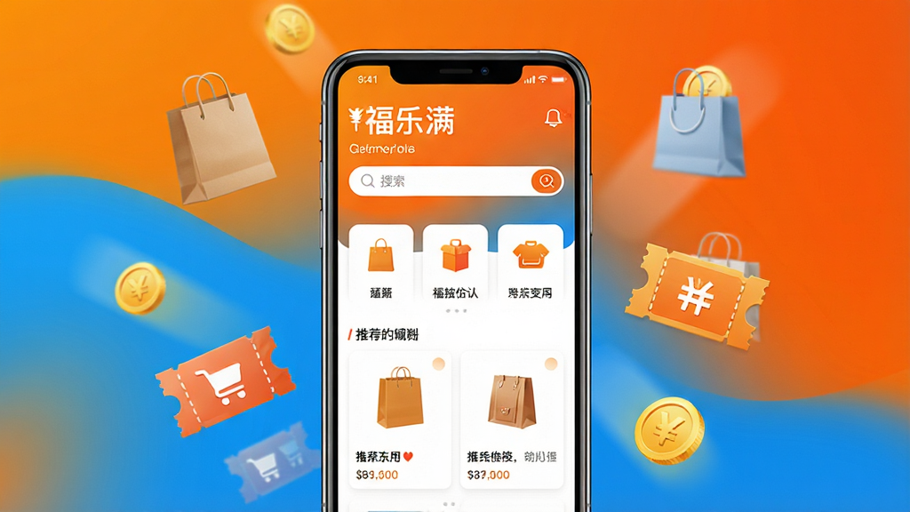 一张展示福乐满移动应用界面的效果图,画面中心是一部智能手机,手机屏幕显示福乐满线上商城的首页,包含商品分类图标、搜索栏和推荐商品卡片,手机周围漂浮着购物袋、优惠券和金币图标,背景采用明亮的橙蓝色渐变,整体风格简洁现代,细节清晰,画质干净,无多余元素