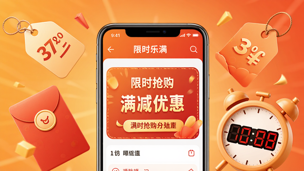 一张表现福乐满优惠活动中心的宣传图,画面中央是手机界面显示限时抢购和满减优惠横幅,周围环绕着红包、折扣标签和倒计时时钟元素,背景采用暖色调渐变,风格活泼吸引眼球,细节精致,画质干净,无多余元素