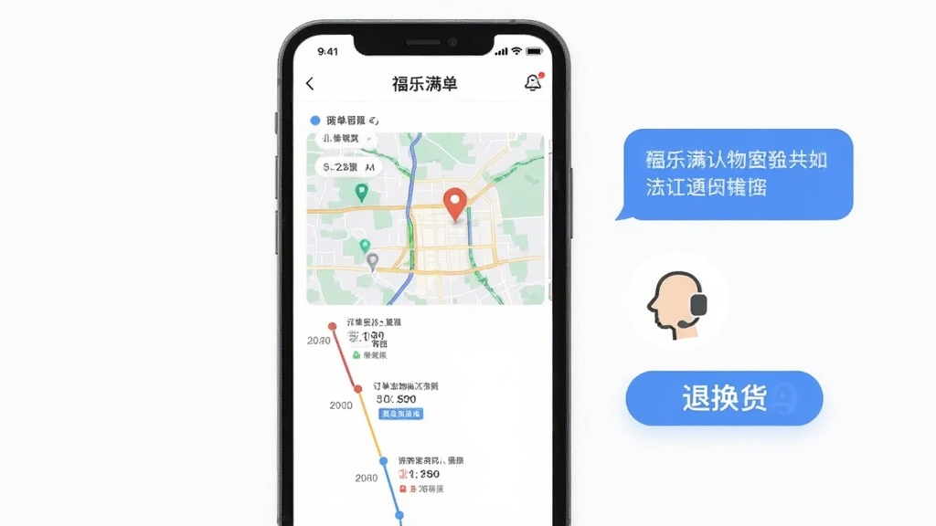 一幅展示福乐满订单跟踪界面的示意图,手机屏幕显示订单物流时间轴和配送地图,旁边有客服对话气泡和退换货按钮图标,整体布局清晰有序,风格简约商务,细节准确,画质干净,无多余元素