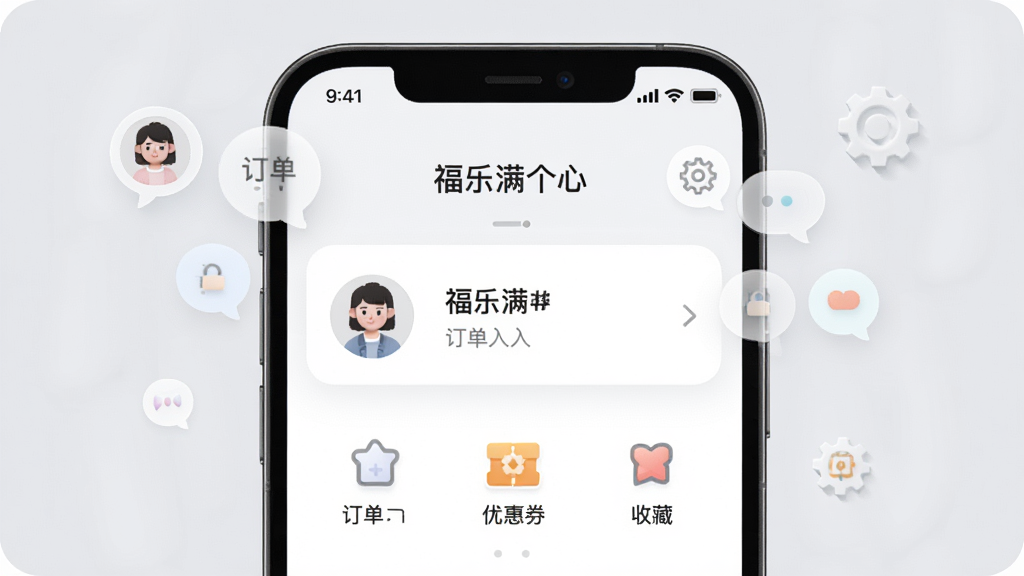 一张福乐满个人中心页面的视觉图,手机屏幕展示头像、订单入口、优惠券和收藏夹图标,背景是柔和的浅灰色,点缀着用户头像气泡和设置齿轮,风格简洁干净,细节清晰,画质明亮,无多余元素