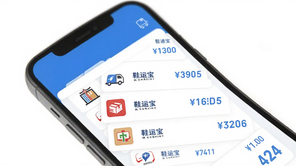 鞋运宝智能比价界面示意图,画面展示手机屏幕中列出多家快递公司的价格对比列表,左侧为快递公司图标,右侧为价格数字,整体布局清晰,风格扁平化,色调以蓝白为主,画质干净,无多余元素