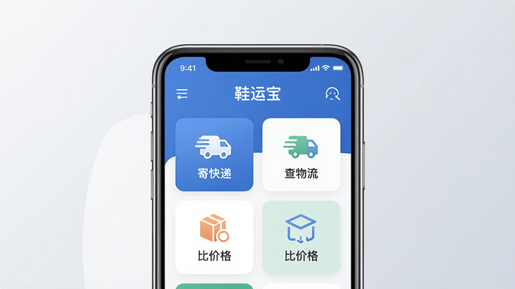 鞋运宝手机应用主界面展示图,画面中央放置一部智能手机,屏幕上显示鞋运宝APP的首页布局,包含寄快递、查物流、比价格等功能入口图标,背景为浅灰色渐变,风格简洁现代,细节清晰,画质干净,无多余元素