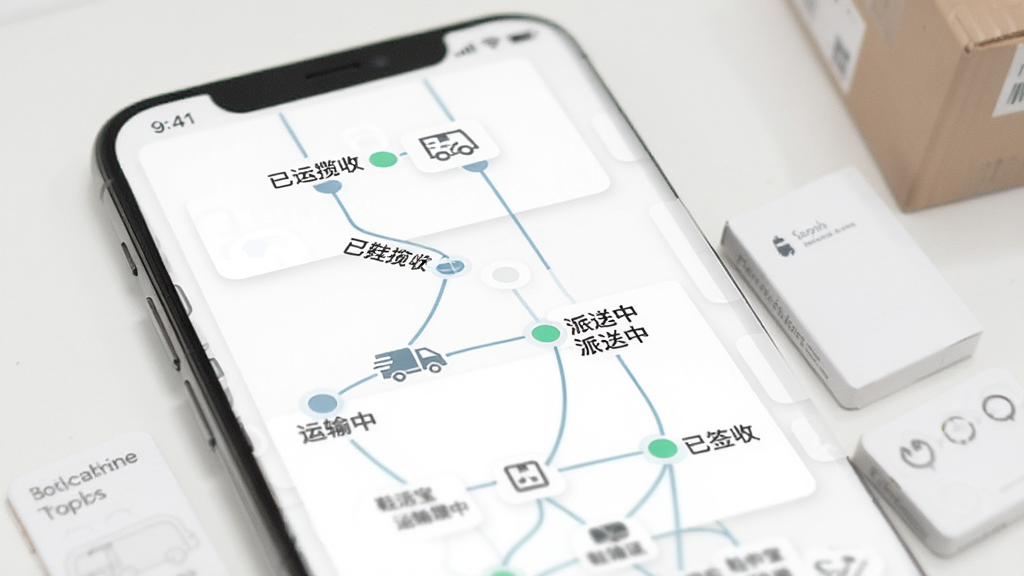 鞋运宝物流追踪功能展示图,画面中手机屏幕显示一条物流轨迹时间线,包含已揽收、运输中、派送中、已签收等节点,背景为白色卡片式布局,风格简约,画质清晰,无多余元素