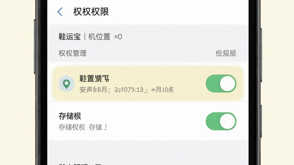 鞋运宝安卓手机安装权限设置示意图,画面展示手机设置界面中权限管理页面,高亮显示位置信息和存储权限开关,风格简洁,色调柔和,画质清晰,无多余元素
