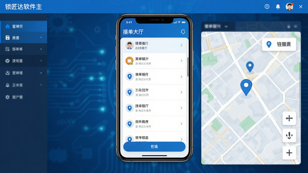 锁匠达软件主界面截图,画面中央展示手机屏幕,屏幕内呈现接单大厅列表与地图定位功能,蓝色科技风格,简洁明快,高清画质,干净无多余元素