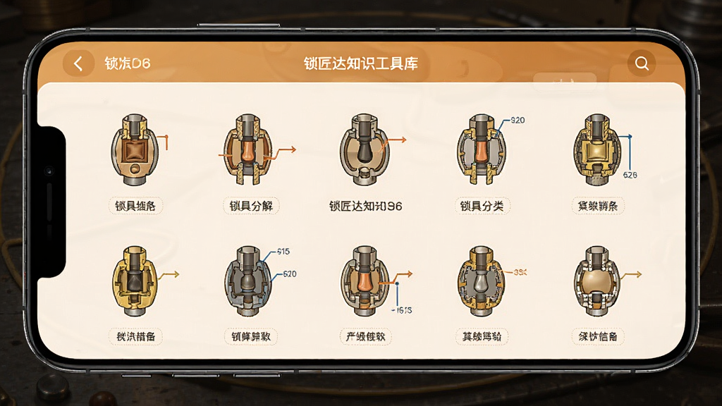 锁匠达知识工具库界面,手机屏幕显示锁具分类图解与文字说明,画面中有多种锁芯结构示意图,暖色系配色,信息图表风格,高清画质,排版清晰