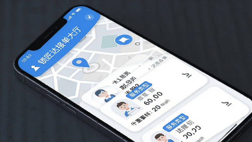 锁匠达接单大厅界面,手机屏幕显示地图定位与订单卡片列表,订单卡片上有距离标注和服务类型标签,蓝白色调,扁平化设计风格,高清画质,干净整洁