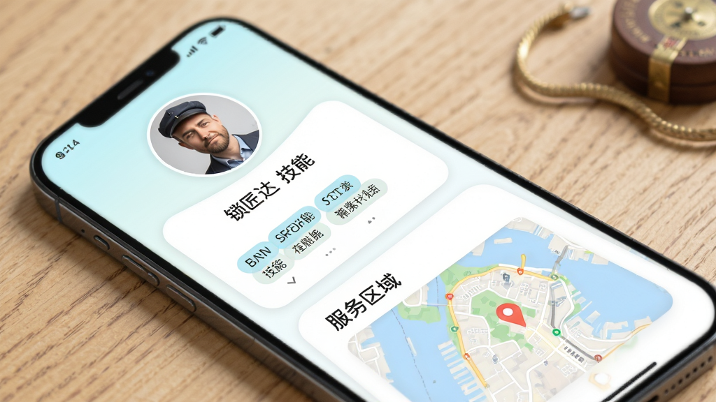 锁匠达个人资料页面,手机屏幕展示头像、技能标签与服务区域地图,整体为清新浅色风格,圆角卡片布局,高清画质,画面干净