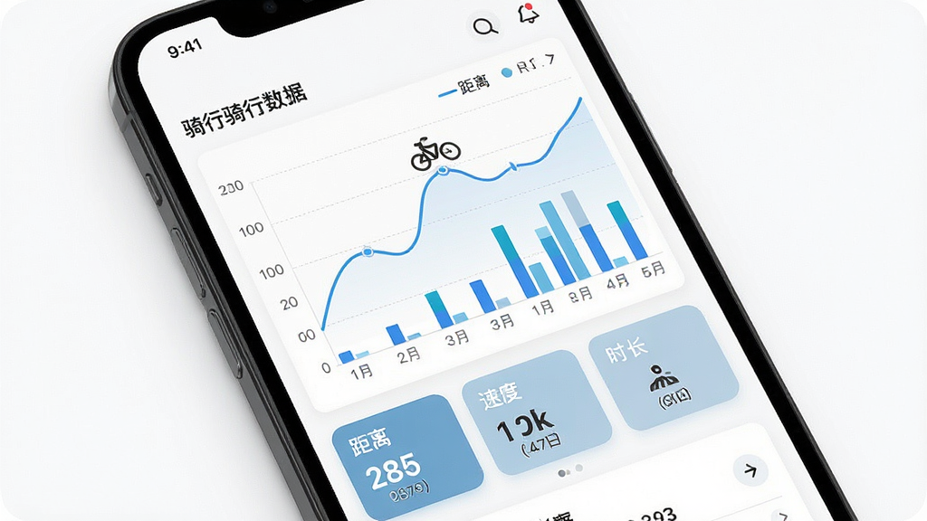 一张展示首驱出行APP骑行数据报告界面的图片,画面主体为手机屏幕,屏幕显示折线图与柱状图组合的数据面板,图表标题为骑行数据,下方有距离、速度、时长等数字卡片,背景为白色简洁风格,细节清晰,画质干净,无多余元素