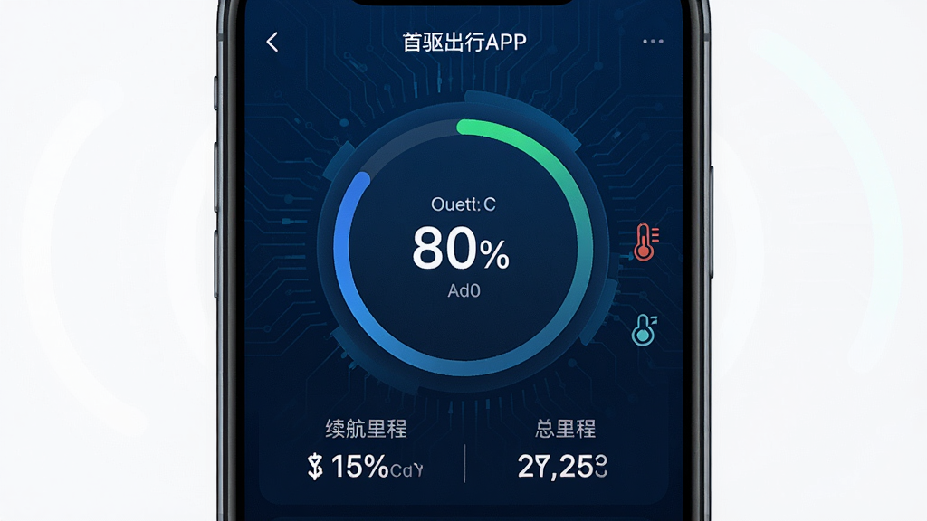 一张展示首驱出行APP车辆状态监控界面的手机截图风格图片,画面主体为手机屏幕,屏幕中央有一个圆环进度条显示电量百分比,下方排列续航里程和总里程数字,右侧有小图标表示电机温度,背景为深蓝色科技纹理,风格现代简洁,细节清晰,画质干净,无多余元素