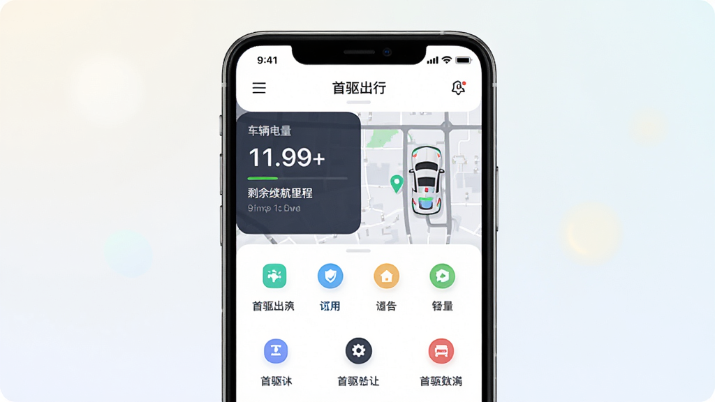 一张展示首驱出行APP核心界面的手机样机图,画面中央是一部智能手机,屏幕显示首驱出行应用首页,包含车辆电量百分比、剩余续航里程、车辆定位地图、功能图标排列整齐,背景为浅色渐变,风格简洁科技感,细节清晰,画质干净,无多余元素