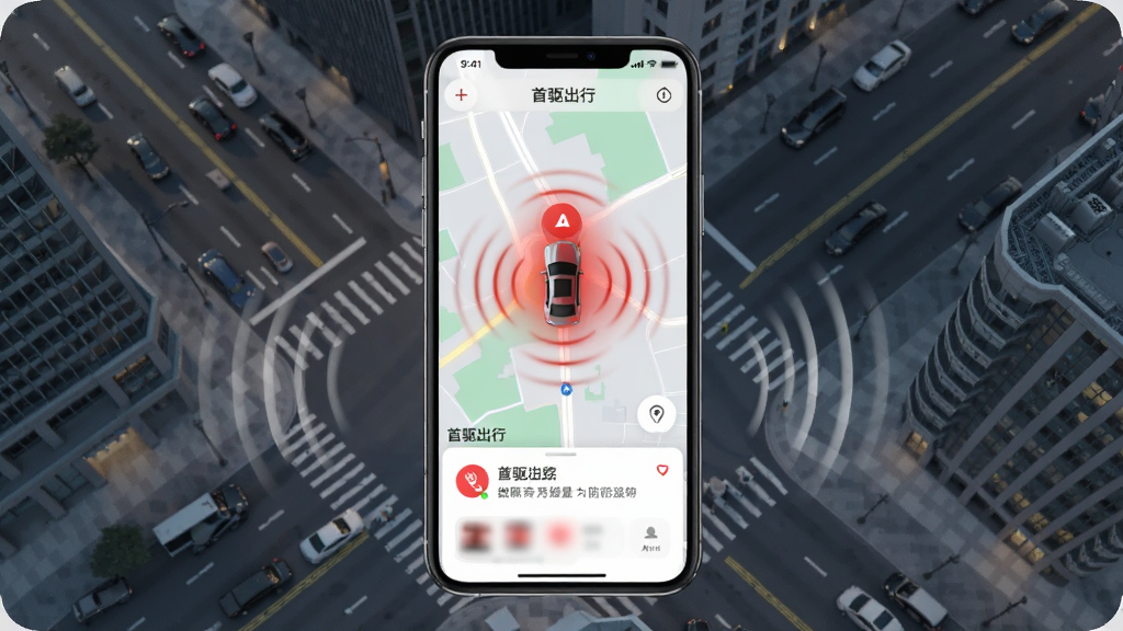 一张展示首驱出行APP定位追踪与防盗报警功能的图片,画面中一部手机显示地图界面,地图上有一个醒目的车辆定位标记,周围有震动波纹效果表示报警状态,手机下方有报警通知弹窗,背景为城市街道俯瞰图,风格写实科技,细节清晰,画质干净,无多余元素