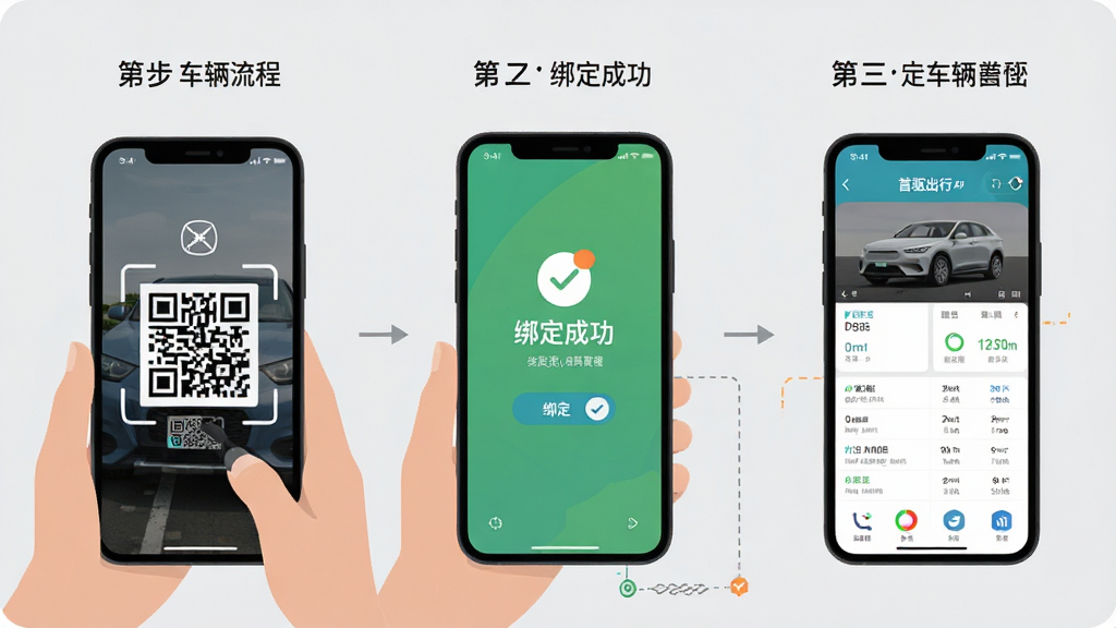 一张展示首驱出行APP绑定车辆流程的示意图,画面分为三个步骤,第一步手机扫描车身二维码,第二步手机屏幕显示绑定成功,第三步手机显示车辆首页数据,背景为浅灰色,风格扁平化教程图,细节清晰,画质干净,无多余元素
