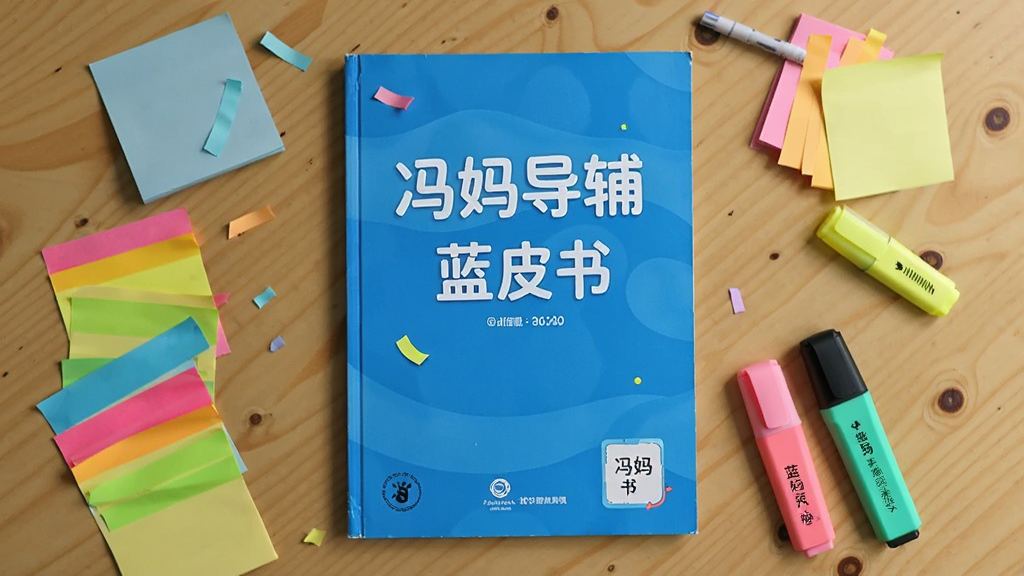 一本蓝色封面的学习资料平铺在木质桌面上,封面印有