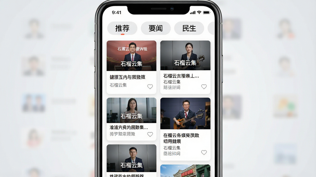 一张资讯聚合功能展示图,画面主体为一部手机屏幕,屏幕内呈现多个新闻卡片瀑布流排列,卡片上带有图片和标题文字,顶部有“推荐”“要闻”“民生”等频道标签,背景为浅灰色渐变,整体风格清爽商务,画面干净整洁,画质高清,无多余元素,屏幕中文字标注“石榴云集”