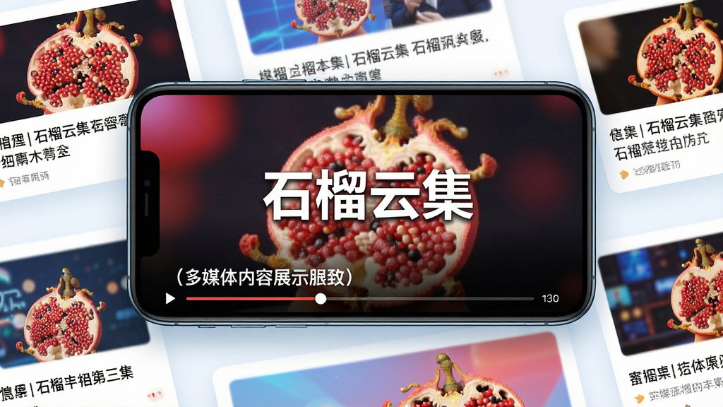 一张多媒体内容展示图,画面中一部手机横屏放置,屏幕内正在播放新闻视频,视频画面下方有标题和进度条,周围有图文资讯缩略图环绕,整体风格现代动感,色调明亮,细节清晰,画质高清,干净,无多余元素,屏幕中文字标注“石榴云集”
