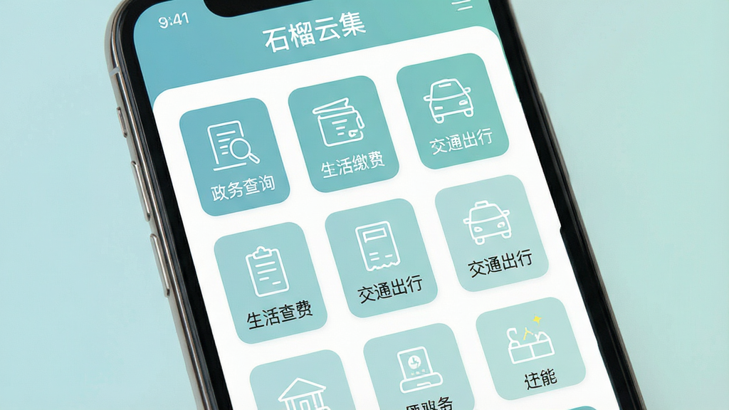 一张便民服务功能界面图,画面展示一部手机,屏幕中为应用的服务大厅页面,图标网格排列,包含“政务查询”“生活缴费”“交通出行”等服务入口,每个图标配有简洁的线性标识,整体配色柔和,以蓝绿色调为主,布局整齐,风格清新浅色,画质高清,干净,无多余元素,屏幕中文字标注“石榴云集”