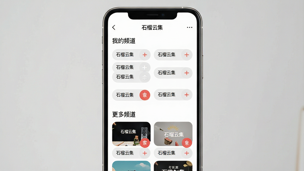 一张频道定制设置界面图,画面展示手机屏幕上的频道管理页面,上方为“我的频道”区域,下方为“更多频道”区域,每个频道以圆角标签形式呈现,部分标签带有删除或添加的按钮,背景为白色,文字清晰,风格素雅极简,布局合理,画质高清,干净,无多余元素,屏幕中文字标注“石榴云集”