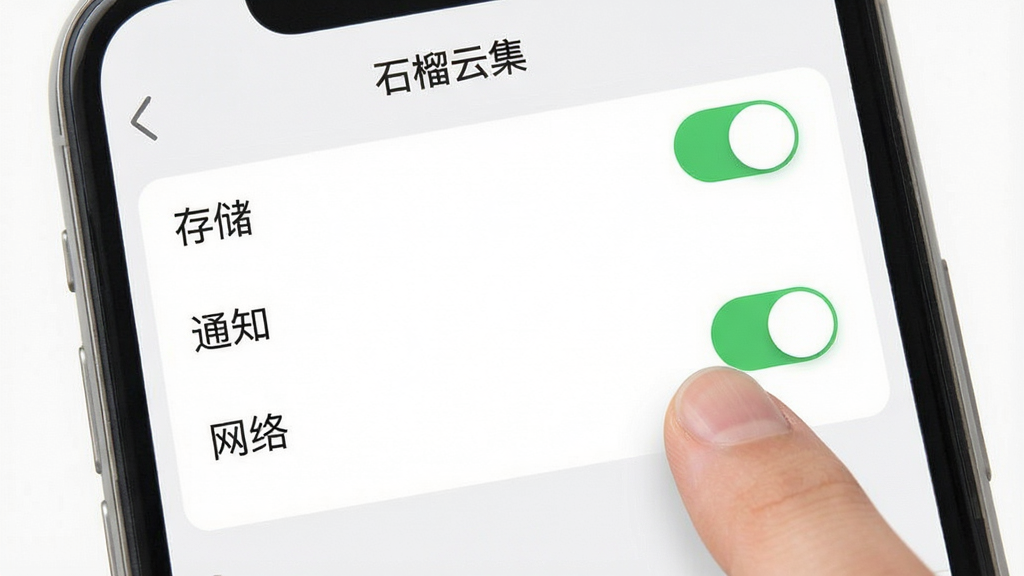 一张手机应用安装权限设置示意图,画面展示手机屏幕上的应用权限管理页面,列表中有“存储”“通知”“网络”等权限开关,其中存储权限开关被手指点击开启,画面风格简洁清晰,色调以白色和浅灰色为主,布局直观,画质高清,干净,无多余元素,屏幕中文字标注“石榴云集”