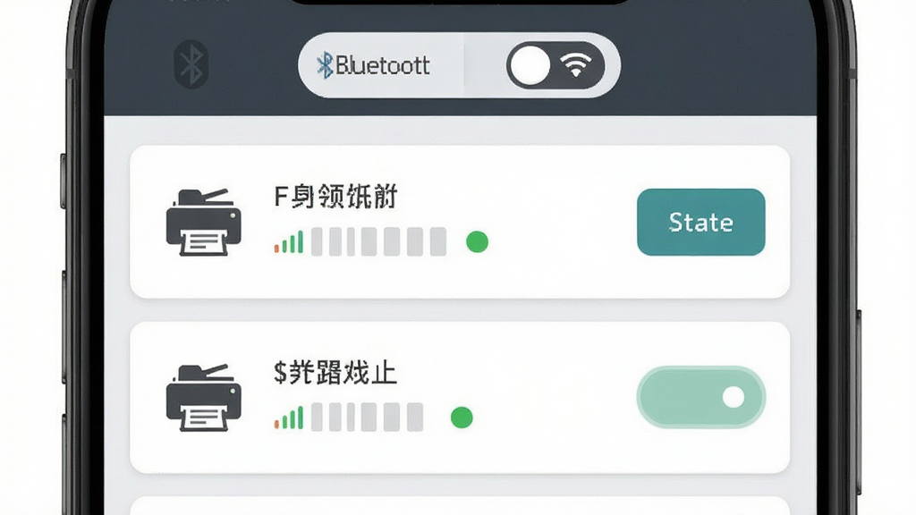 一张展示 Fun Print 软件打印机连接管理界面的手机截图风格图片,主体是手机屏幕,屏幕中显示附近可用打印机列表,每台设备旁边有信号强度图标和连接按钮,顶部有蓝牙和WiFi切换标签。布局为卡片式列表,风格为素雅极简风,细节包括打印机图标、设备名称、信号格数、已连接状态绿色圆点。画质高清,干净,无多余元素。