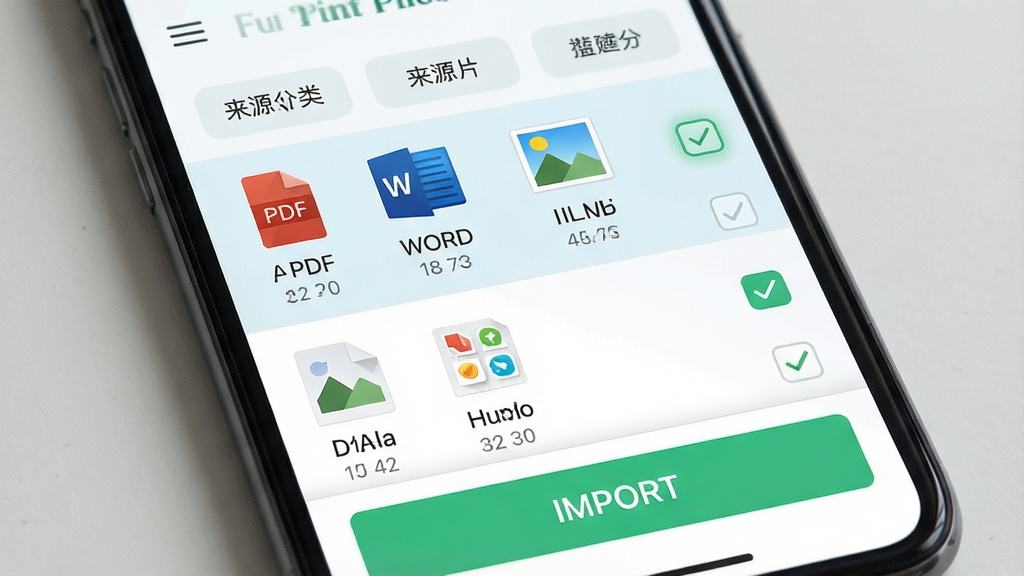 一张展示 Fun Print 软件文件导入功能的界面截图风格图片,主体是手机屏幕,屏幕中显示文件选择列表,包含 PDF、Word、图片等文件图标,右侧有勾选框,底部有导入按钮。布局为上下结构,顶部是来源分类标签,中部是文件列表,底部是操作按钮。风格为清新浅色系,细节包括文件类型图标、文件大小标注、选中高亮状态。画质高清,干净,无多余元素。
