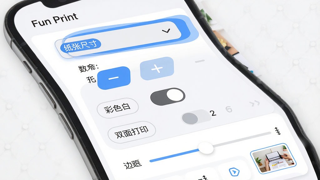 一张展示 Fun Print 软件打印参数调节面板的界面截图风格图片,主体是手机屏幕,屏幕中显示打印设置选项,包括纸张尺寸下拉菜单、份数加减按钮、彩色黑白切换开关、双面打印选项和边距滑块。布局为纵向列表排版,风格为柔和圆角设计,细节包括蓝色高亮选中状态、参数数值显示、预览缩略图。画质高清,干净,无多余元素。