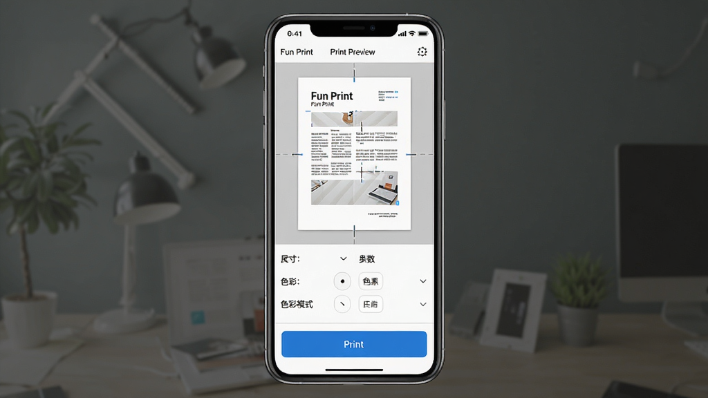 一张展示 Fun Print 软件打印预览与设置界面的手机截图风格图片,主体是手机屏幕,屏幕中显示一份文档的打印预览页面,下方有纸张尺寸、份数、色彩模式等设置选项,底部有醒目的打印按钮。布局为上下结构,风格为现代简约商务风,细节包括预览缩略图、参数标签、蓝色打印按钮、页面边距指示线。画质高清,干净,无多余元素。