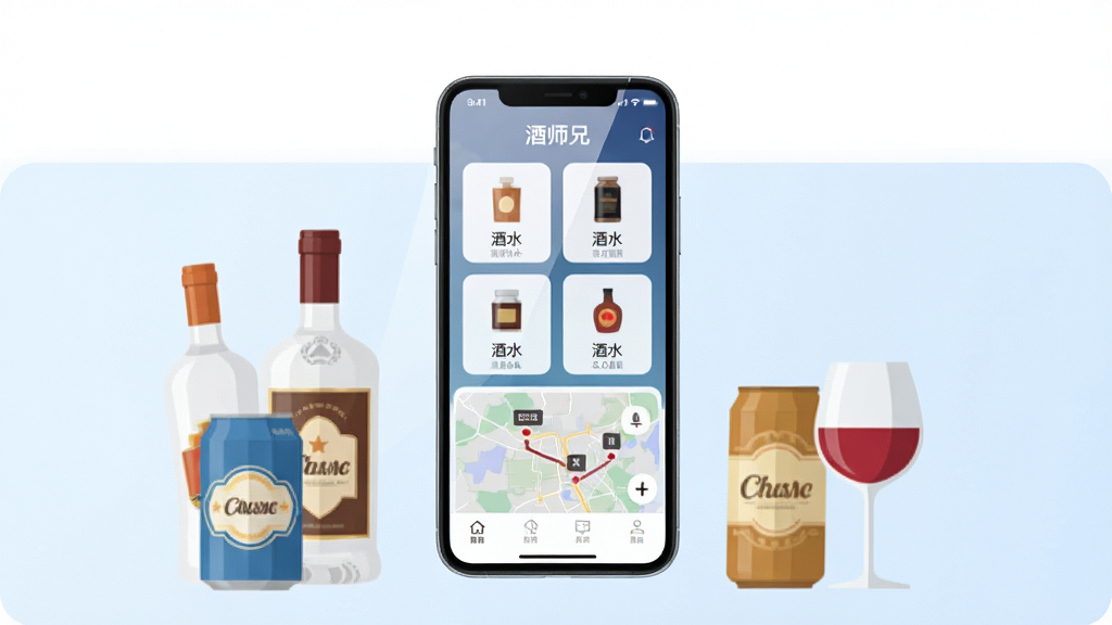 一幅展示酒师兄APP核心功能的宣传图,主体为一部智能手机,屏幕显示酒师兄软件界面,界面中有各类酒水商品分类图标和配送地图轨迹。布局采用居中构图,手机悬浮在画面中央,周围环绕着白酒瓶、啤酒罐、红酒杯等元素。排版简洁,上方留白,风格为现代扁平化科技风,细节上手机屏幕有轻微反光,背景为淡蓝色渐变,画质高清,干净,无多余元素。