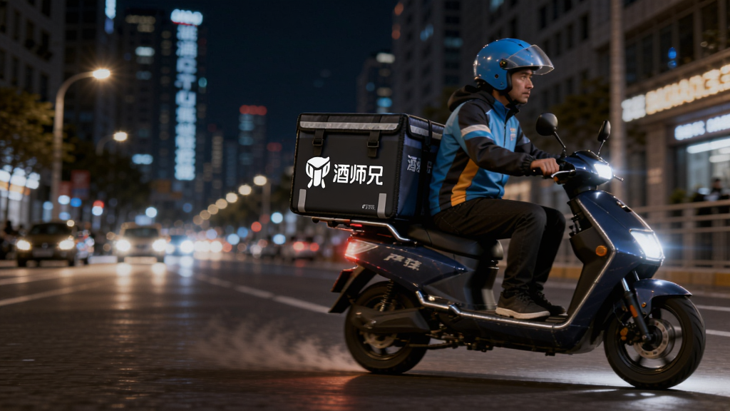 一张展示酒师兄快速配送场景的图片,主体为一位骑手骑着电动车,车后座有酒师兄标志的配送箱,背景是城市街道夜景。布局采用三分法,骑手位于画面右侧,左侧是城市灯光。排版动感,风格写实,细节上配送箱有“酒师兄”字样,车灯照亮前方,画质清晰,干净,无多余元素。