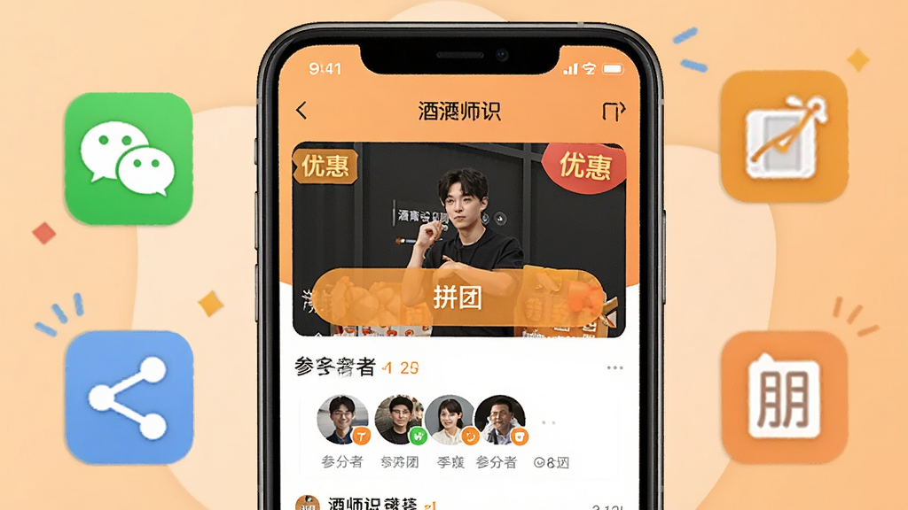 一张展示酒师兄团购功能的图片,主体为手机屏幕显示团购活动页面,有“拼团”按钮和参与者头像。布局为手机居中,周围有代表社交分享的图标如微信、朋友圈。排版活泼,风格清新,细节上页面有优惠标签,背景为浅橙色,画质高清,干净,无多余元素。