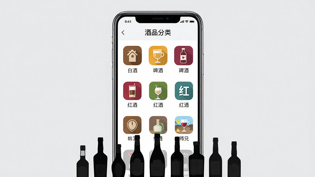 一张展示酒师兄APP商品分类页面的图片,主体为手机屏幕显示酒水分类列表,包括白酒、啤酒、红酒等图标。布局为居中展示,手机下方有各种酒瓶的剪影。排版整齐,风格简约,细节上分类图标色彩鲜明,背景为浅灰色,画质高清,干净,无多余元素。