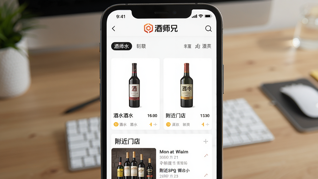一张展示酒师兄APP在手机上运行的画面,主体为手机屏幕显示酒师兄首页,有酒水商品和附近门店列表。布局为手机正面特写,背景为模糊的桌面环境。排版简洁,风格写实,细节上屏幕有“酒师兄”logo,画质高清,干净,无多余元素。